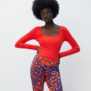 Zara Red Squared Neck Ribbed Bodysuit